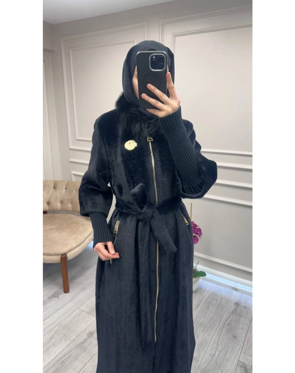 Etrucci 7211 Siyah Fermuar Triko ve Kürk Detaylı Angora Kaban