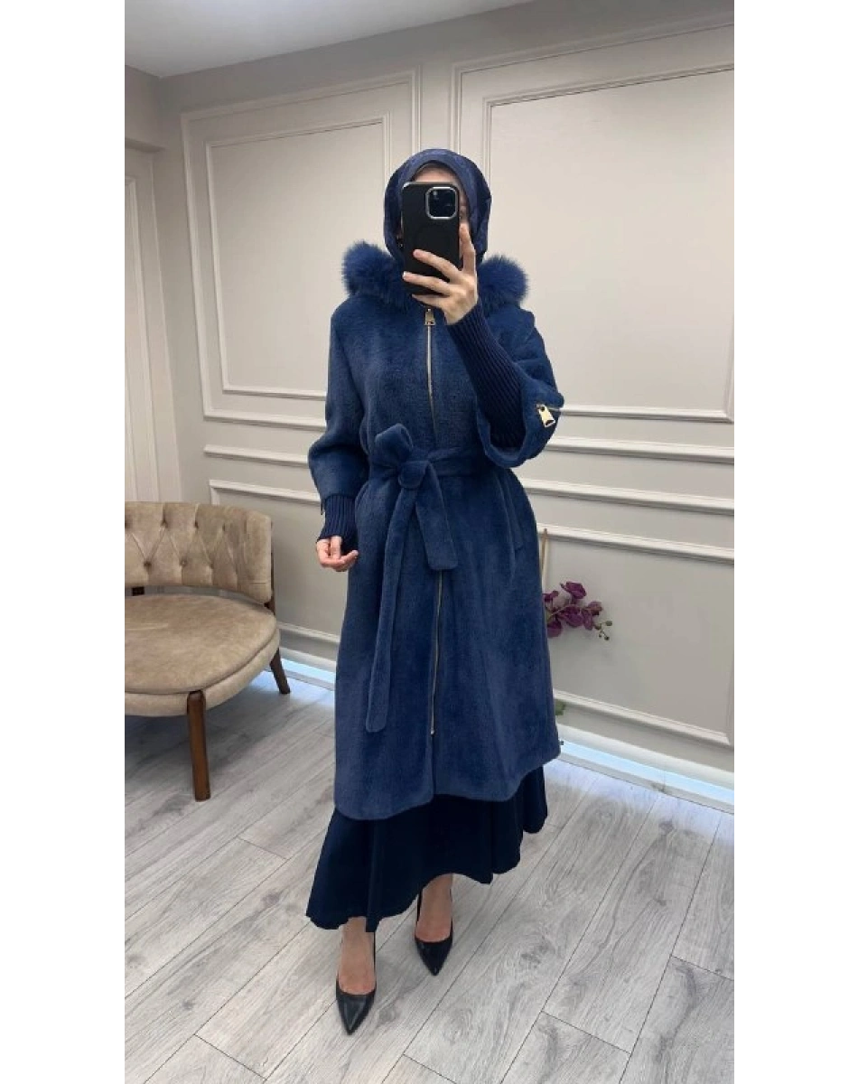 Etrucci 7253 İndigo Kolları Triko Detaylı Kürklü Kaban