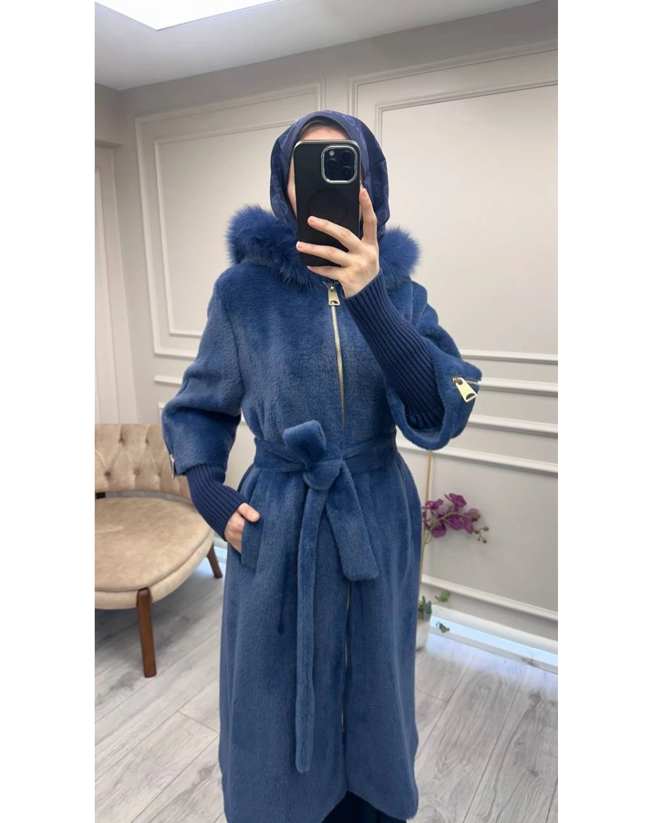 Etrucci 7253 İndigo Kolları Triko Detaylı Kürklü Kaban