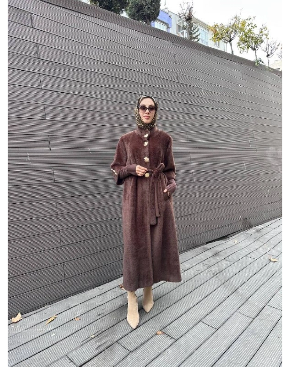 Etrucci 7274 Kahve Hakim Yaka Triko Ve Düğme Detaylı Kaban