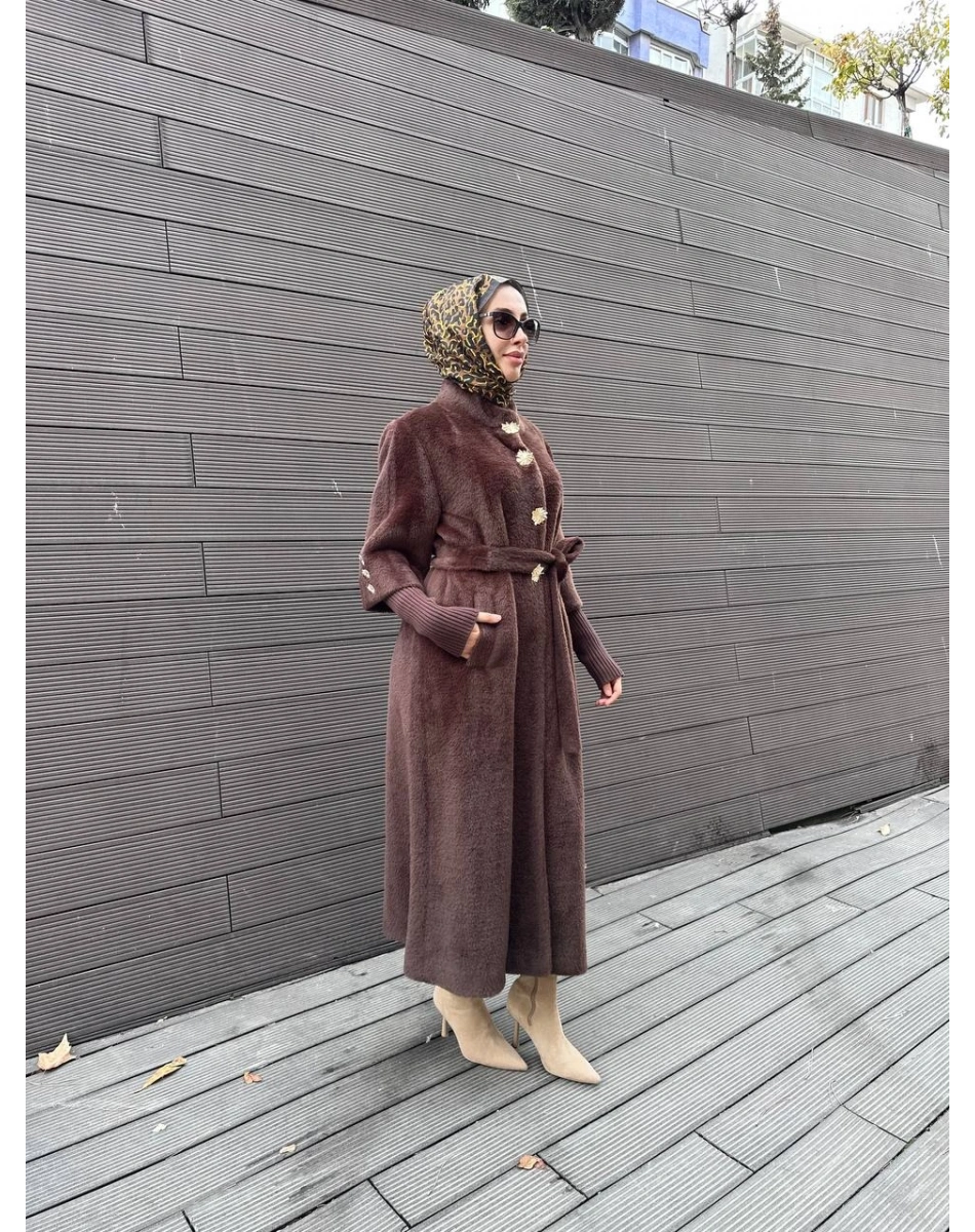 Etrucci 7274 Kahve Hakim Yaka Triko Ve Düğme Detaylı Kaban