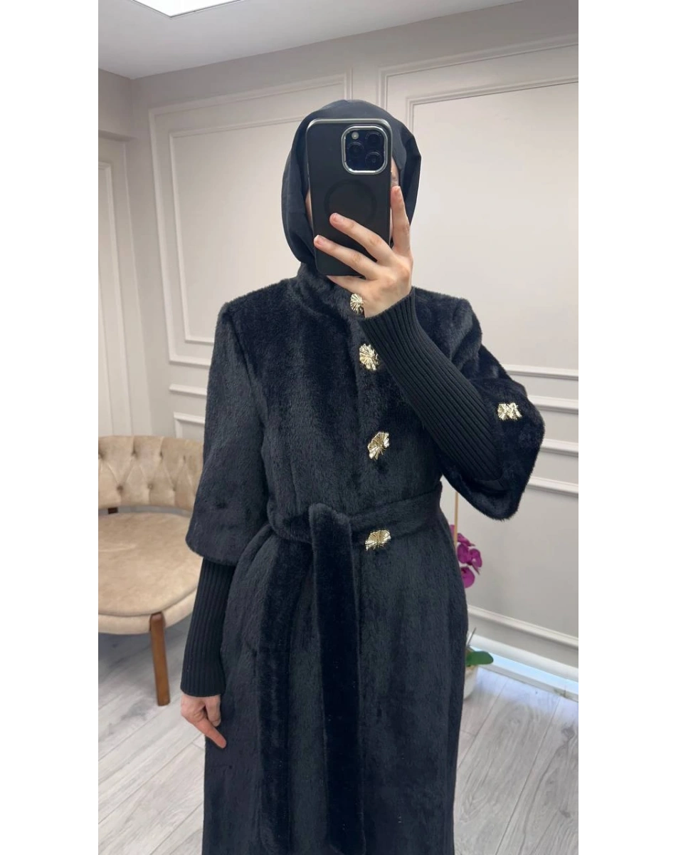 Etrucci 7274 Siyah Hakim Yaka Triko Ve Düğme Detaylı Kaban