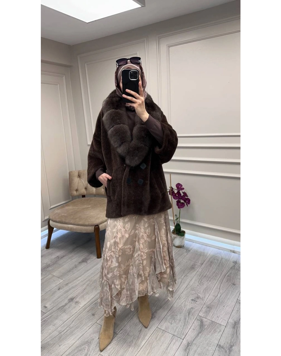 Etrucci 7293 Kahve Kürk ve Düğme Detaylı Angora Kaban