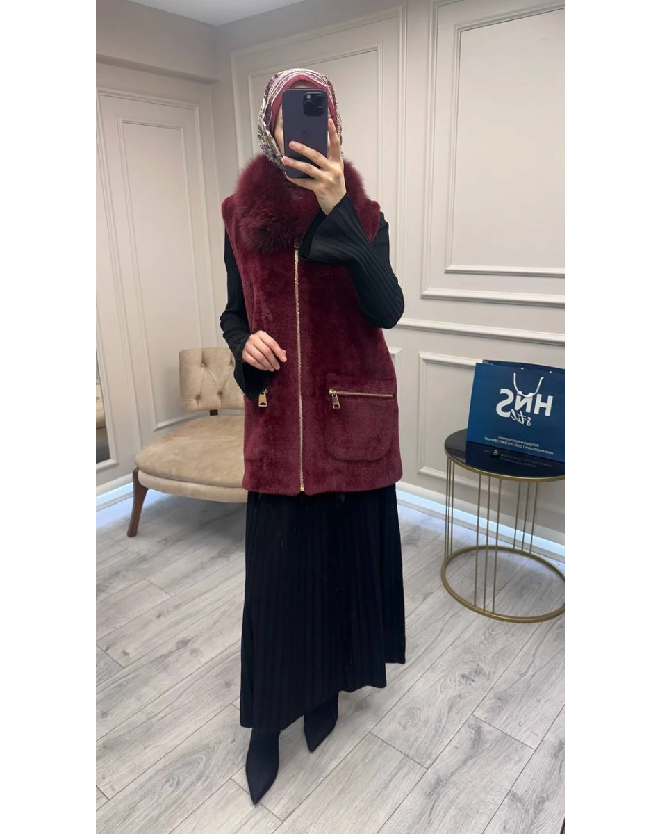 Etrucci 9022 Bordo Kürk Yakalı Angora Yelek