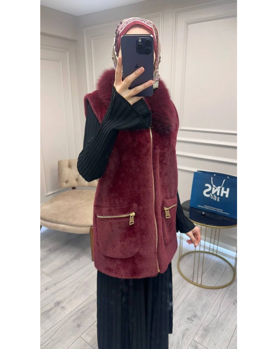 Etrucci 9022 Bordo Kürk Yakalı Angora Yelek