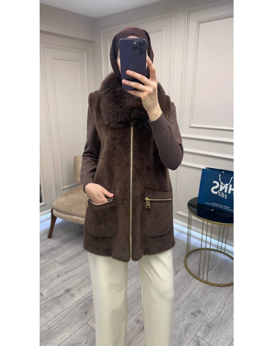 Etrucci 9022 Kahve Kürk Yakalı Angora Yelek