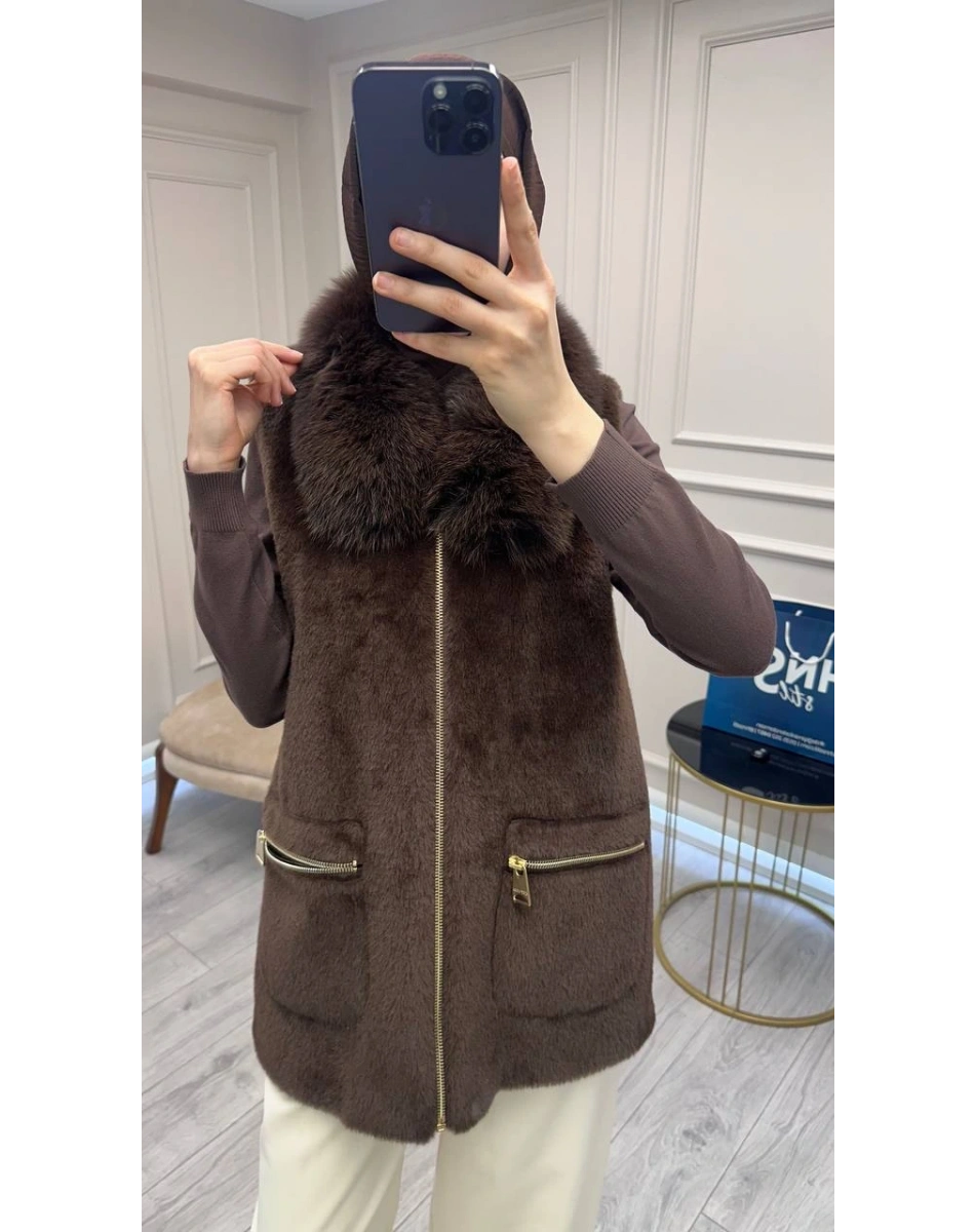 Etrucci 9022 Kahve Kürk Yakalı Angora Yelek