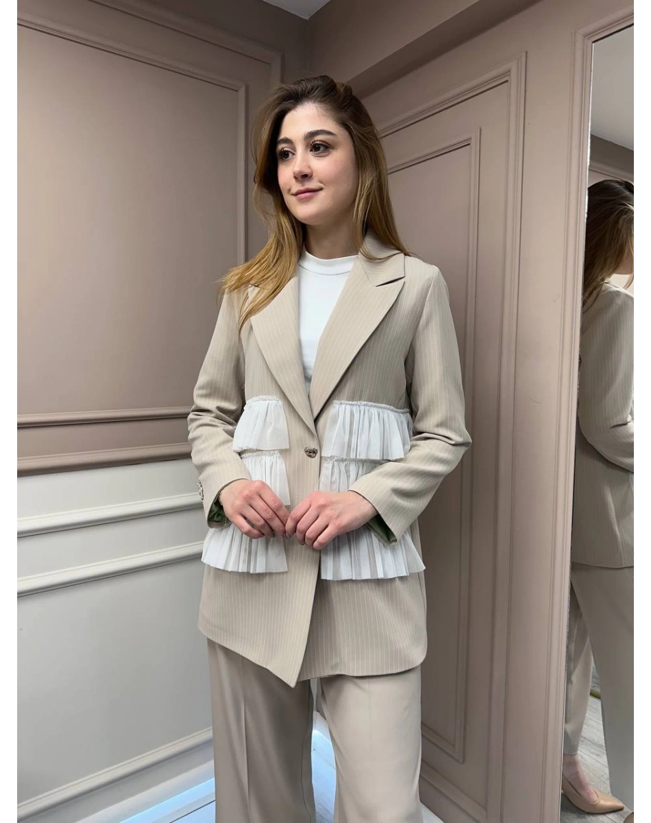 Ghisa 25YGSCKT3080 Bej Çizgili Ceket