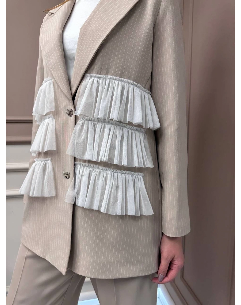 Ghisa 25YGSCKT3080 Bej Çizgili Ceket