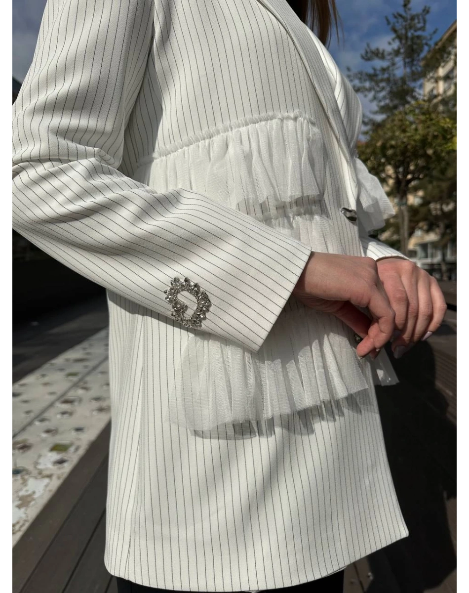 Ghisa 25YGSCKT3080 Beyaz Çizgili Ceket