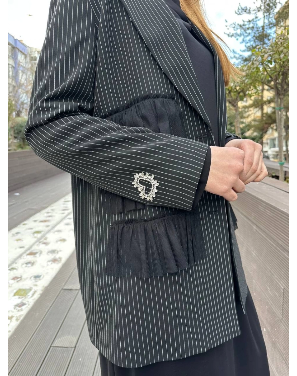 Ghisa 25YGSCKT3080 Siyah Çizgili Ceket