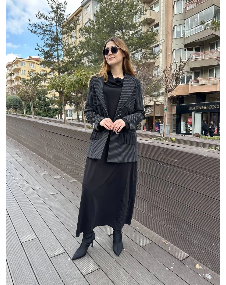 Ghisa 25YGSCKT3080 Siyah Çizgili Ceket