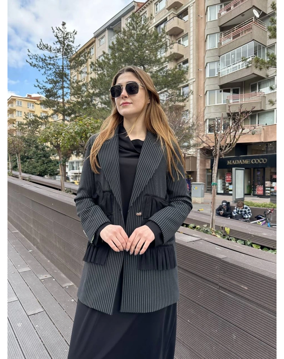 Ghisa 25YGSCKT3080 Siyah Çizgili Ceket