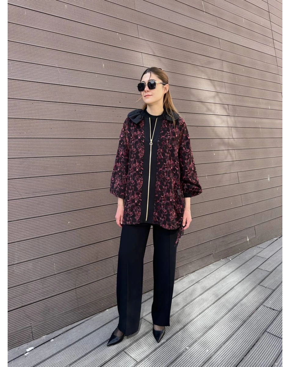 Ghisa 25YGSCKT3126 Bordo Siyah Leopar Desenli Ceket