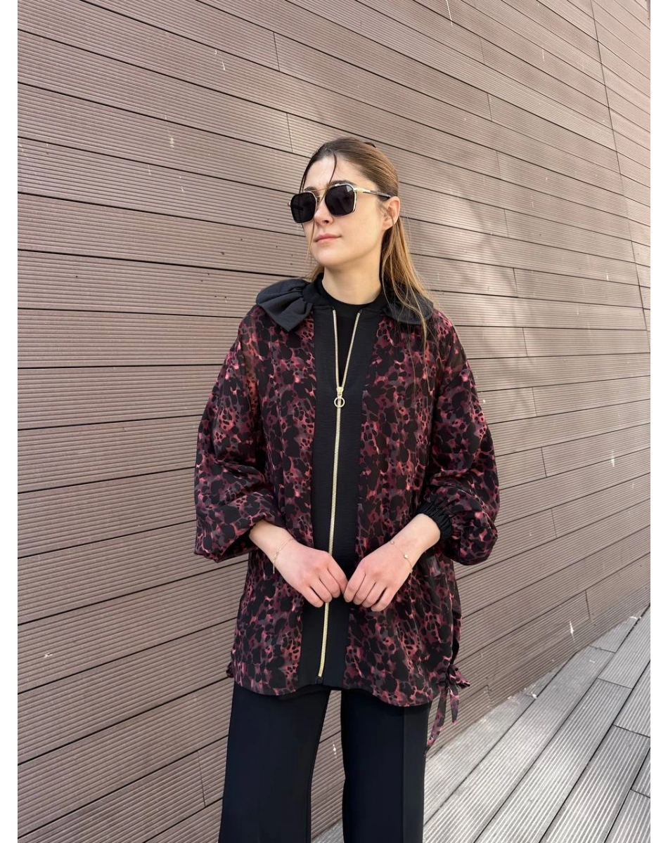 Ghisa 25YGSCKT3126 Bordo Siyah Leopar Desenli Ceket