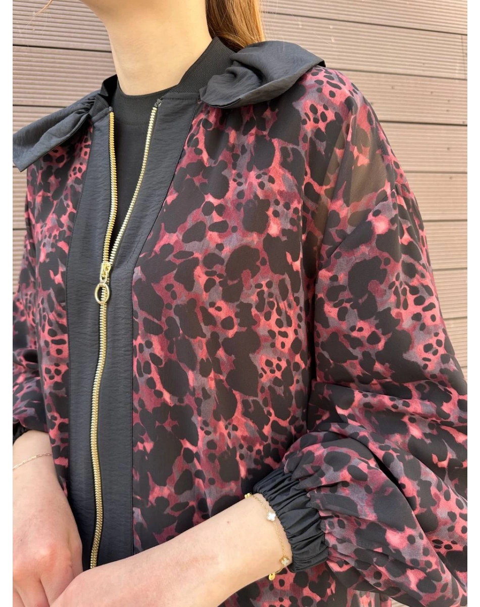 Ghisa 25YGSCKT3126 Bordo Siyah Leopar Desenli Ceket