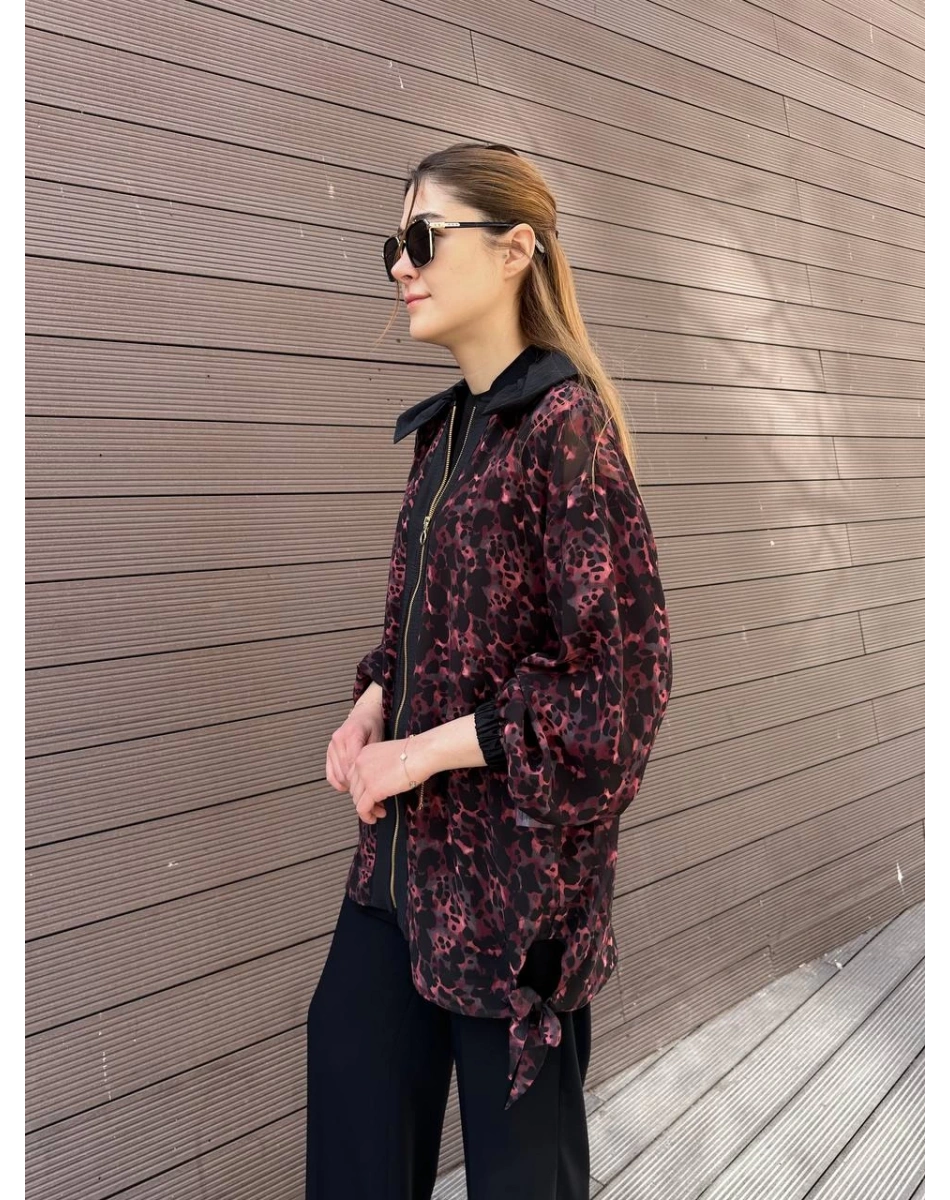 Ghisa 25YGSCKT3126 Bordo Siyah Leopar Desenli Ceket