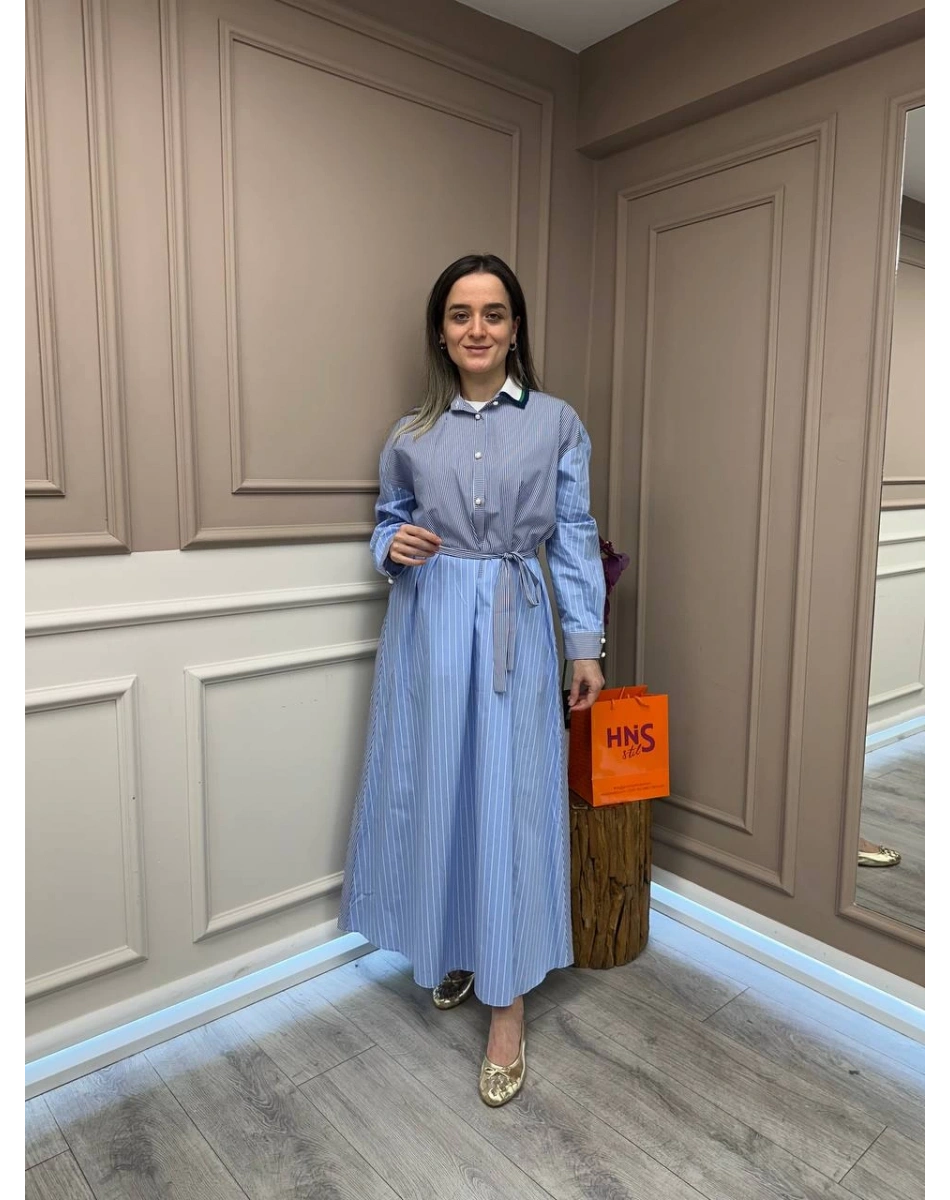 Ghisa 25YGSELB4048 Mavi Yaka Detaylı Elbise