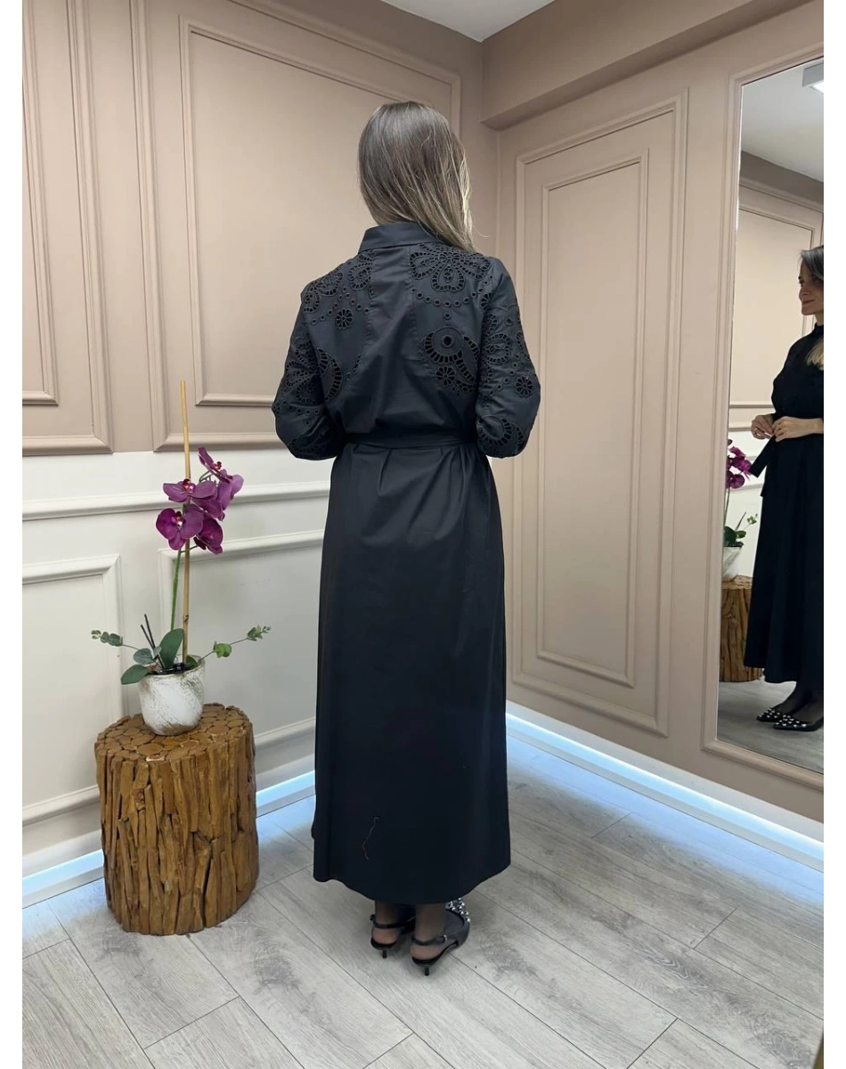 Ghisa 25YGSELB4681 Siyah Güpür Detaylı Elbise