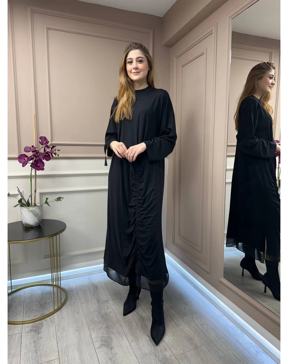 Ghisa 25YGSELB4855 Siyah Büzgü Detaylı Elbise
