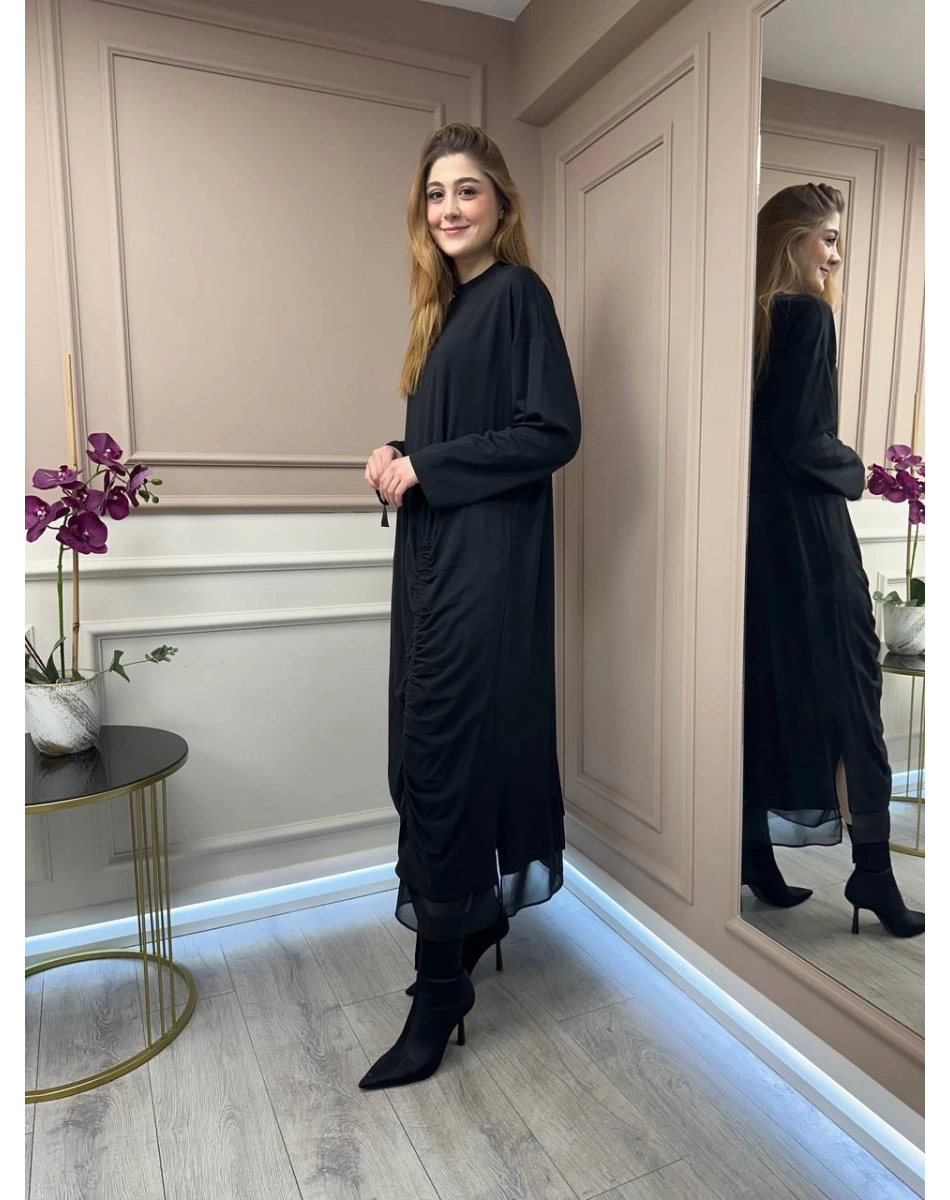 Ghisa 25YGSELB4855 Siyah Büzgü Detaylı Elbise