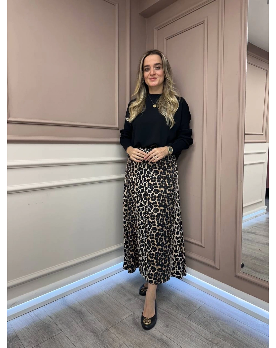 Ghisa 25YGSETK5307 Siyah Leopar Desen Saten Etek