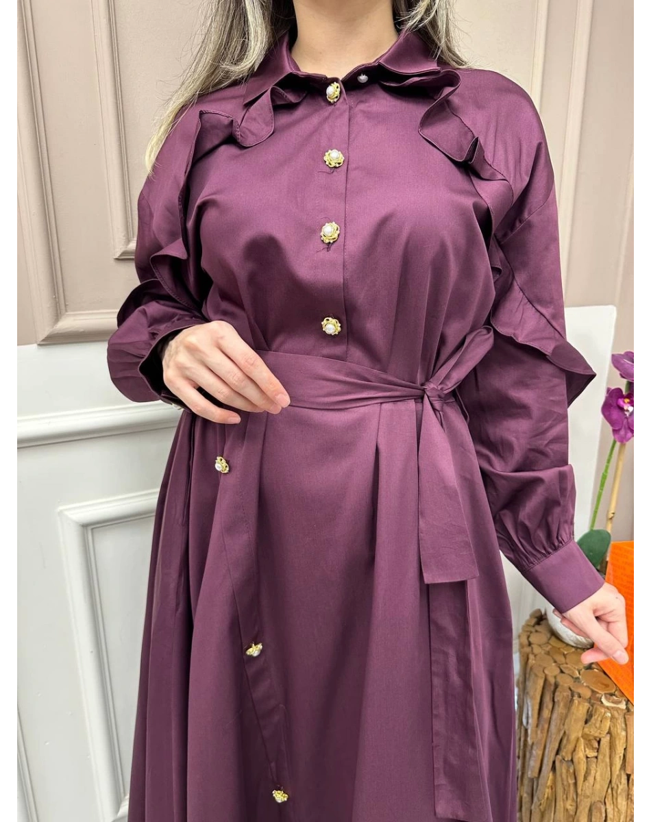 Ghisa 25YGSLB4032 Mürdüm Düğme Detaylı Elbise