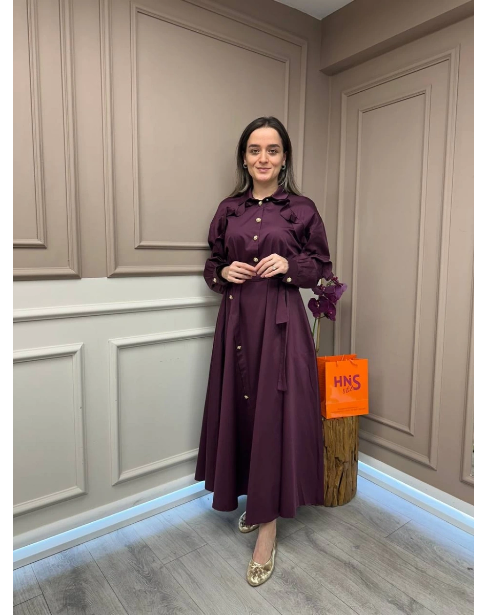 Ghisa 25YGSLB4032 Mürdüm Düğme Detaylı Elbise