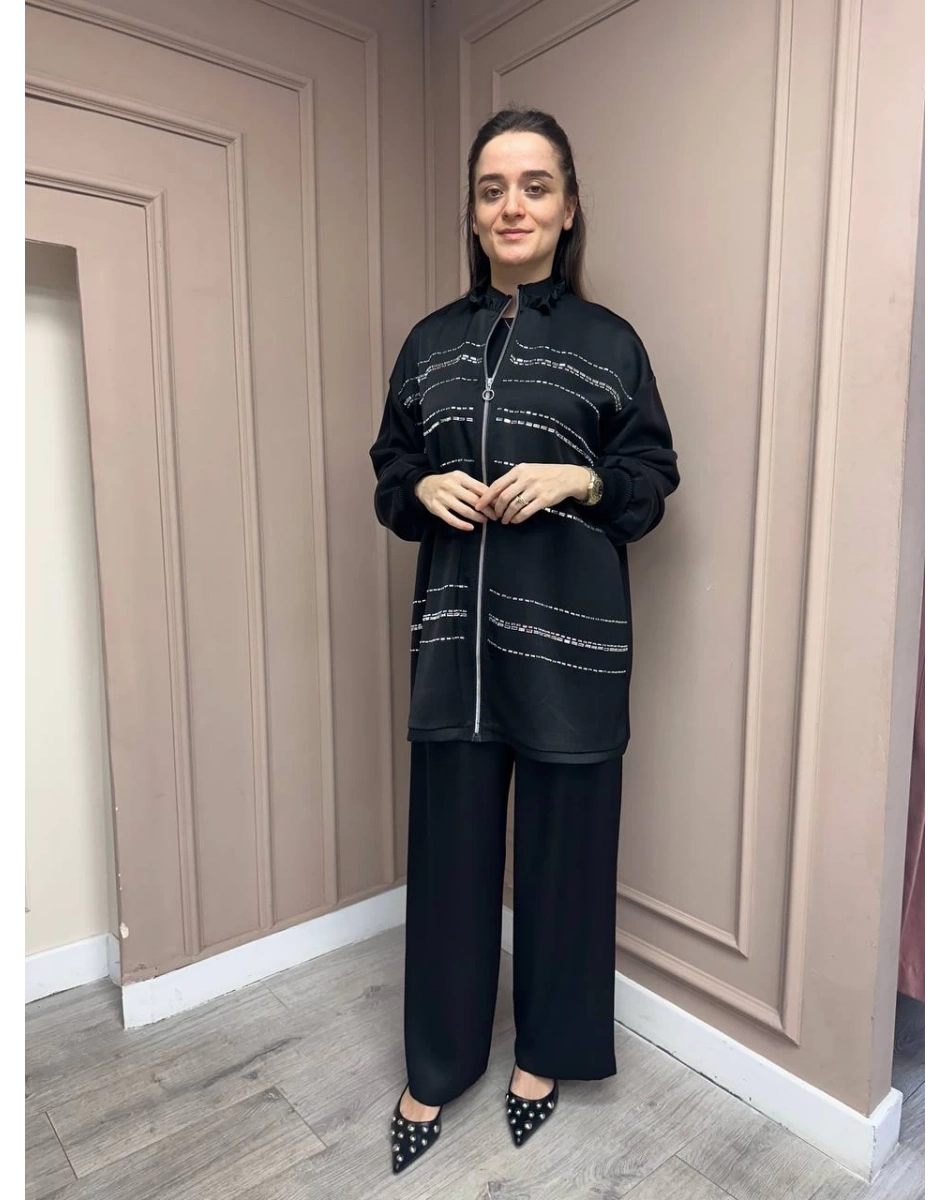 Ghisa 25YGSTKM4842 Siyah Taş Detaylı İkili Takım