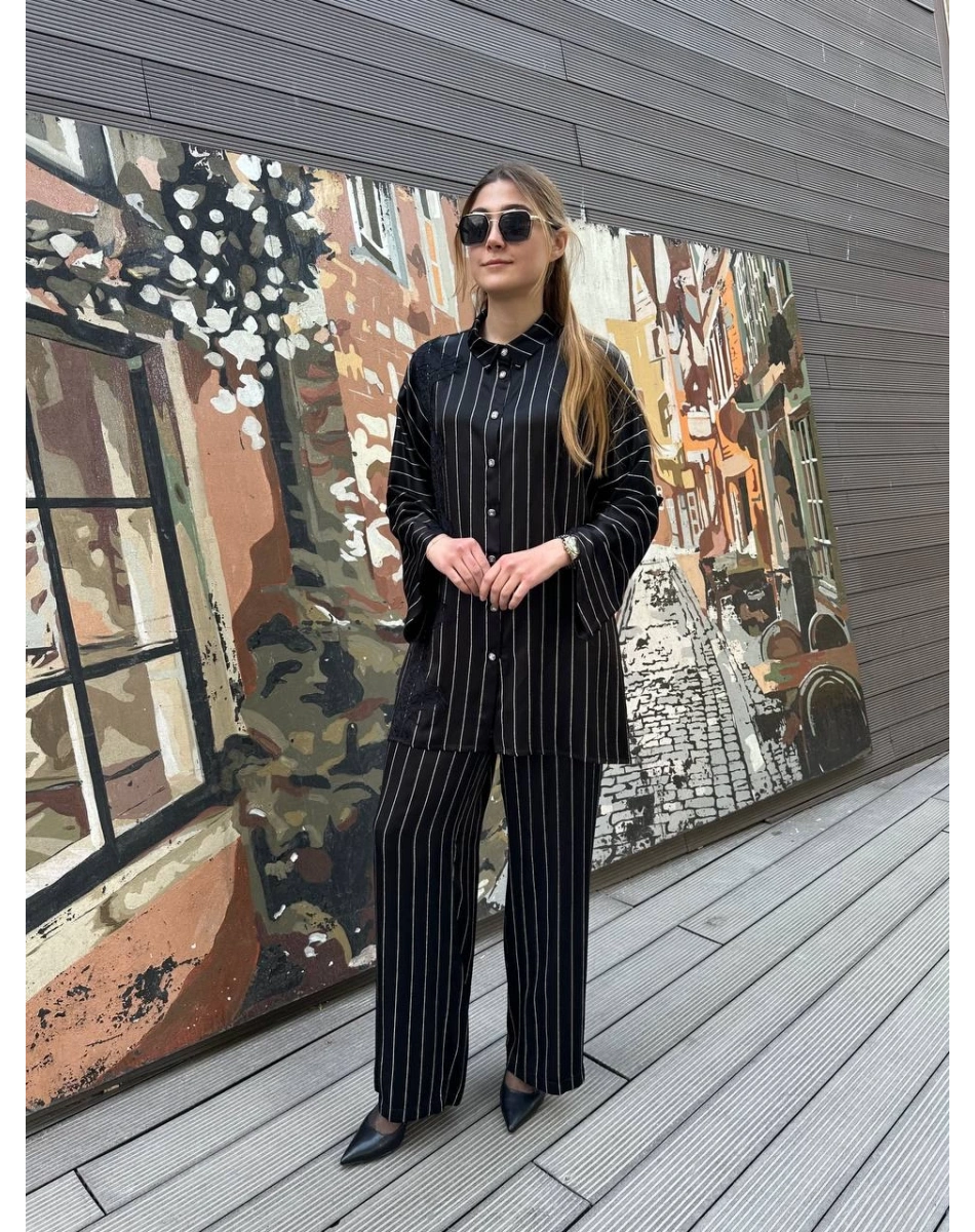 Ghisa 25YGSTKM4964 Siyah Çizgili İkili Takım