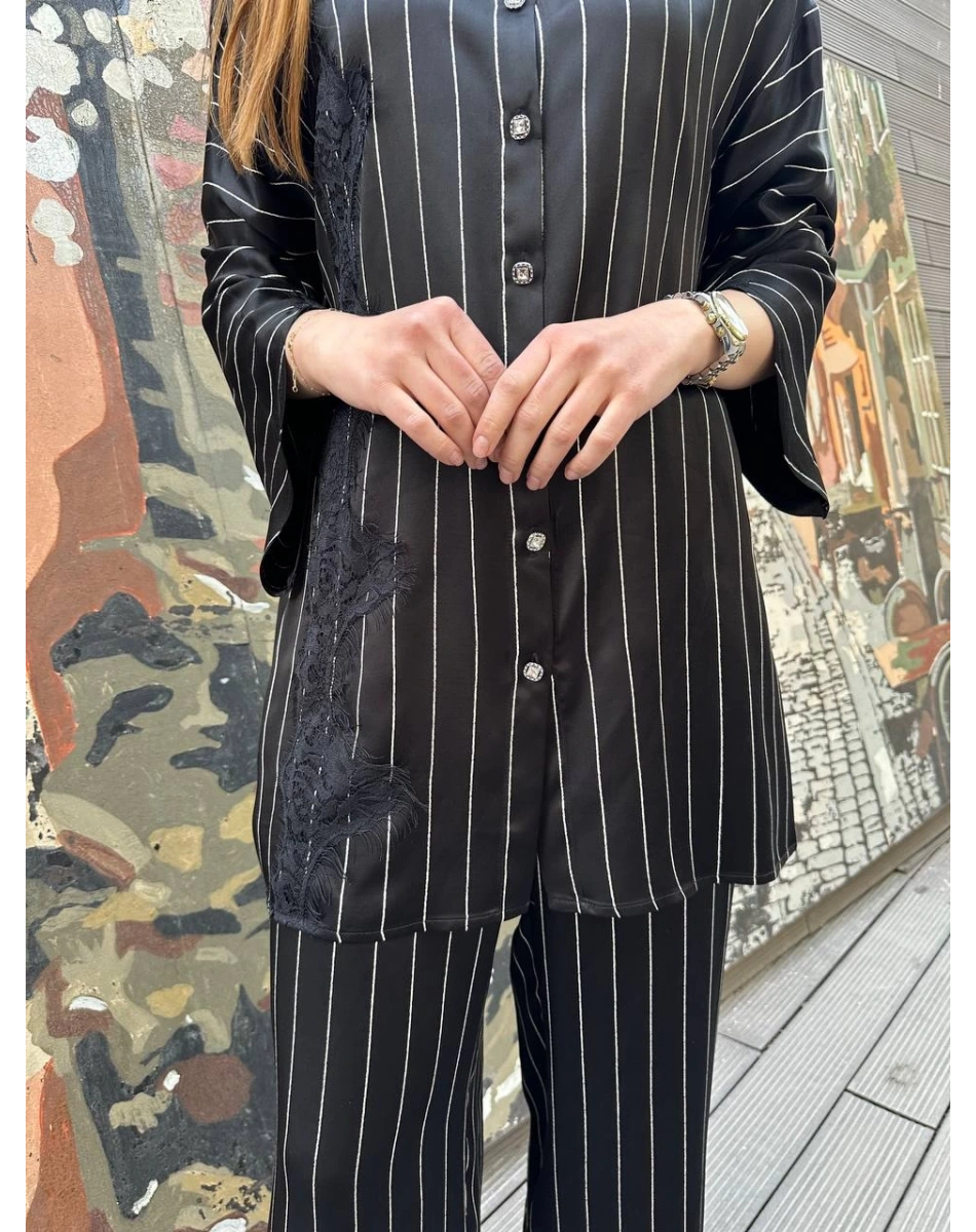 Ghisa 25YGSTKM4964 Siyah Çizgili İkili Takım