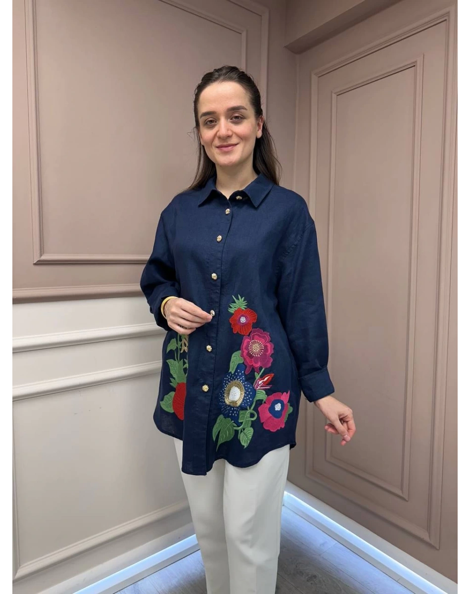 Ghisa 25YGSTNK4036 Lacivert Nakış Detaylı Tunik