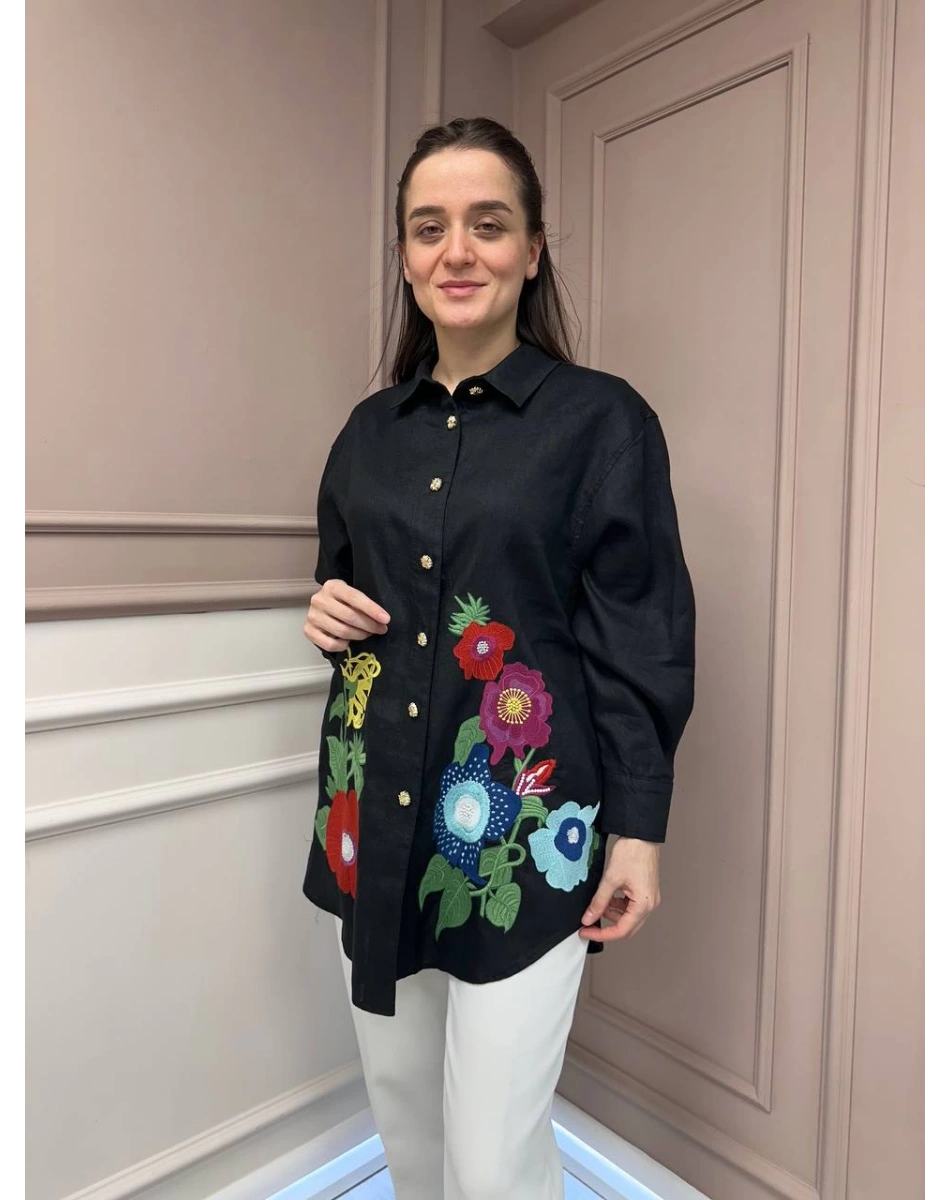 Ghisa 25YGSTNK4036 Siyah Nakış Detaylı Tunik