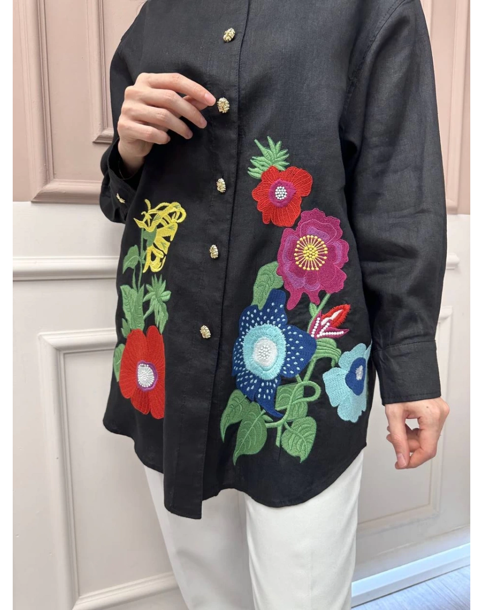 Ghisa 25YGSTNK4036 Siyah Nakış Detaylı Tunik