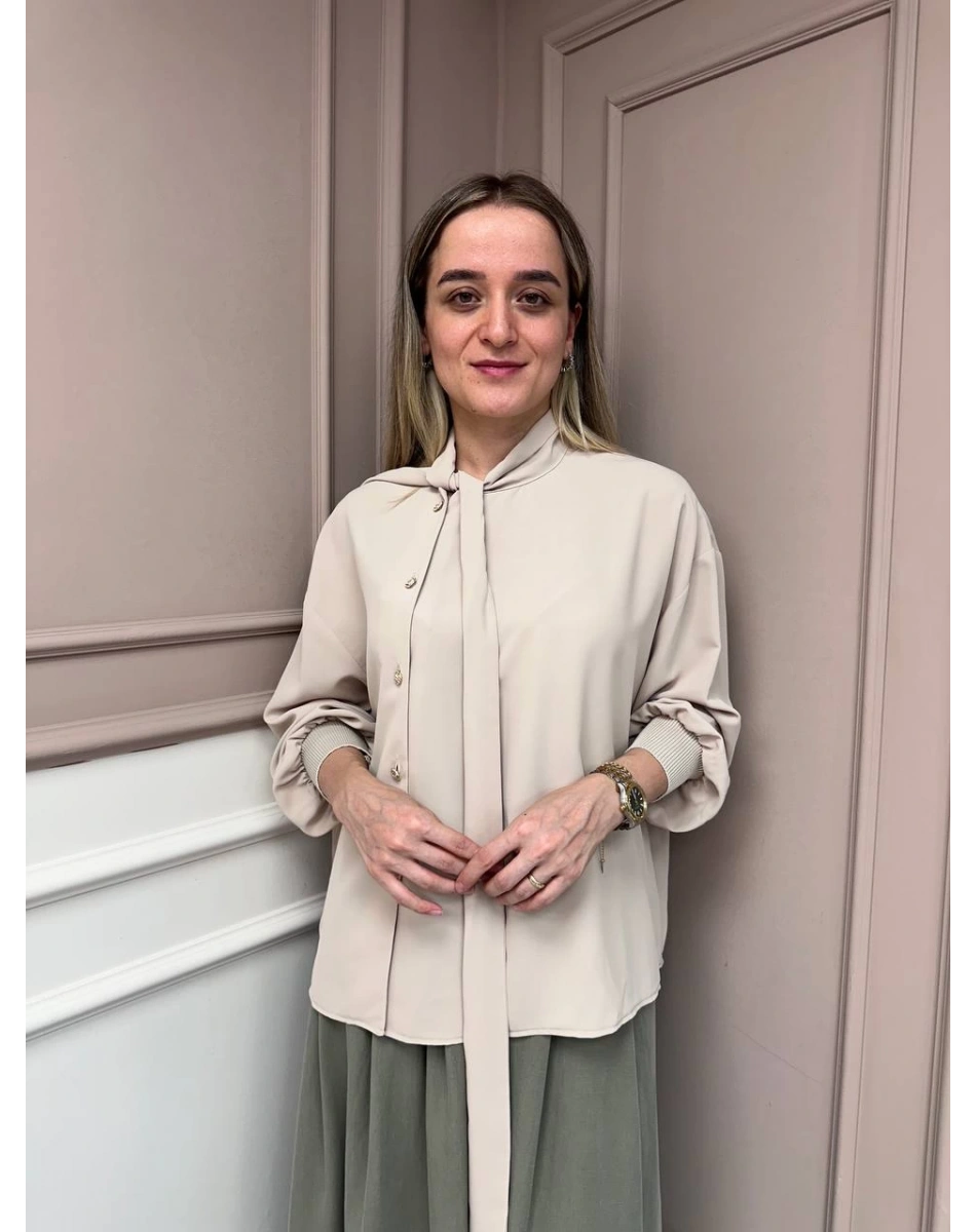 Ghisa 25YGSTNK4072 Bej Yakası Bağlama Detaylı Tunik