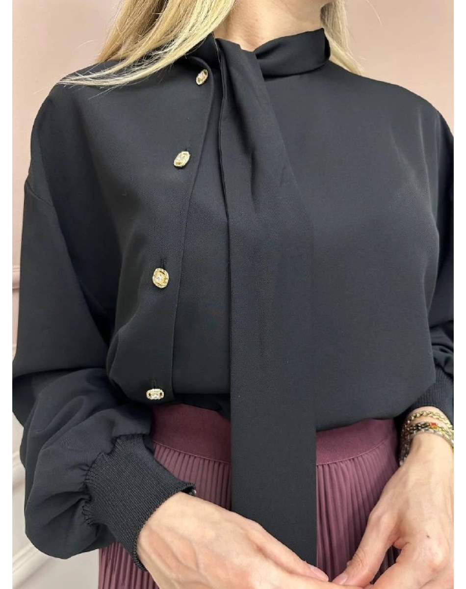 Ghisa 25YGSTNK4072 Siyah Yakası Bağlama Detaylı Tunik