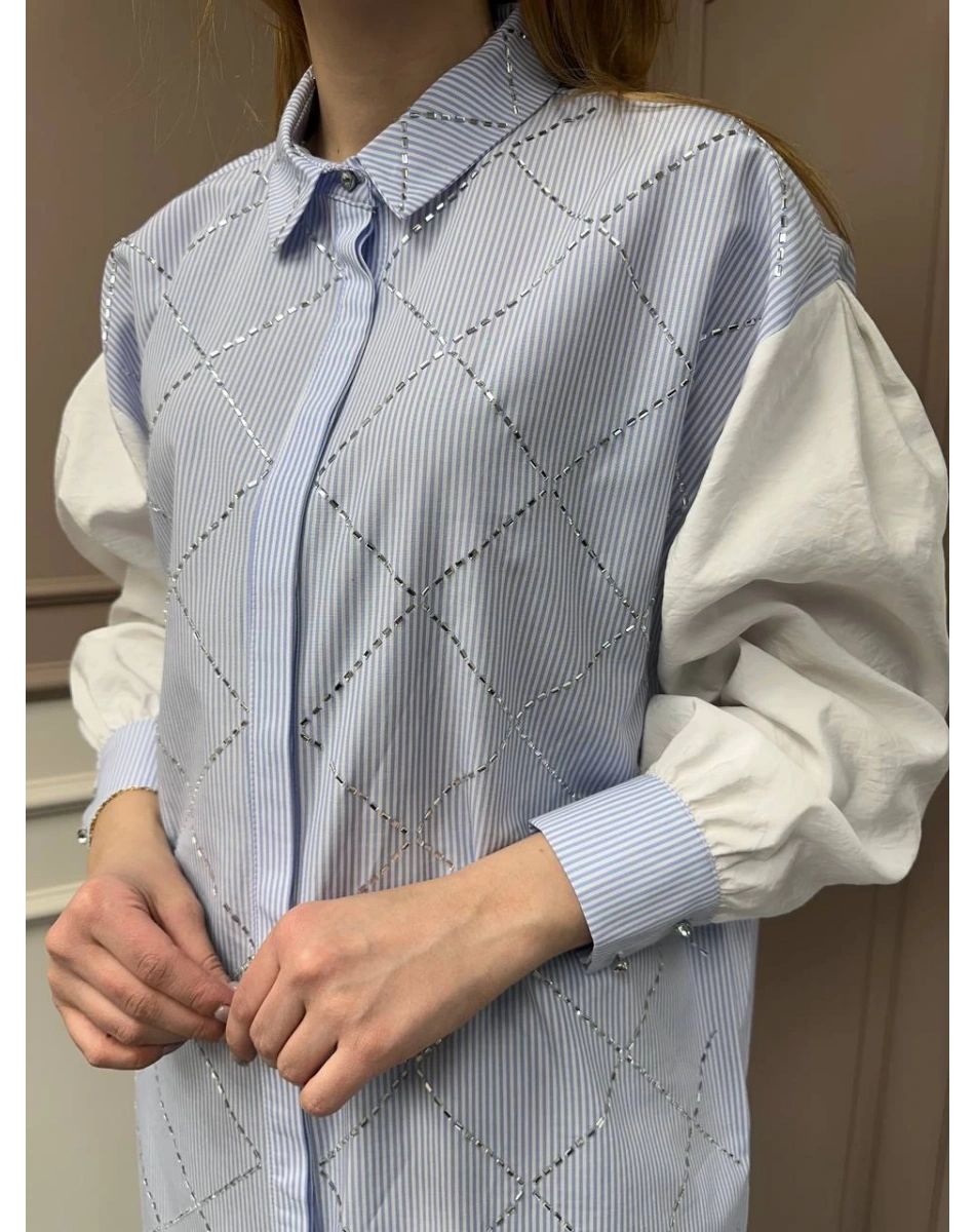 Ghisa 25YGSTNK4617 Mavi Taş Detaylı Çizgili Tunik