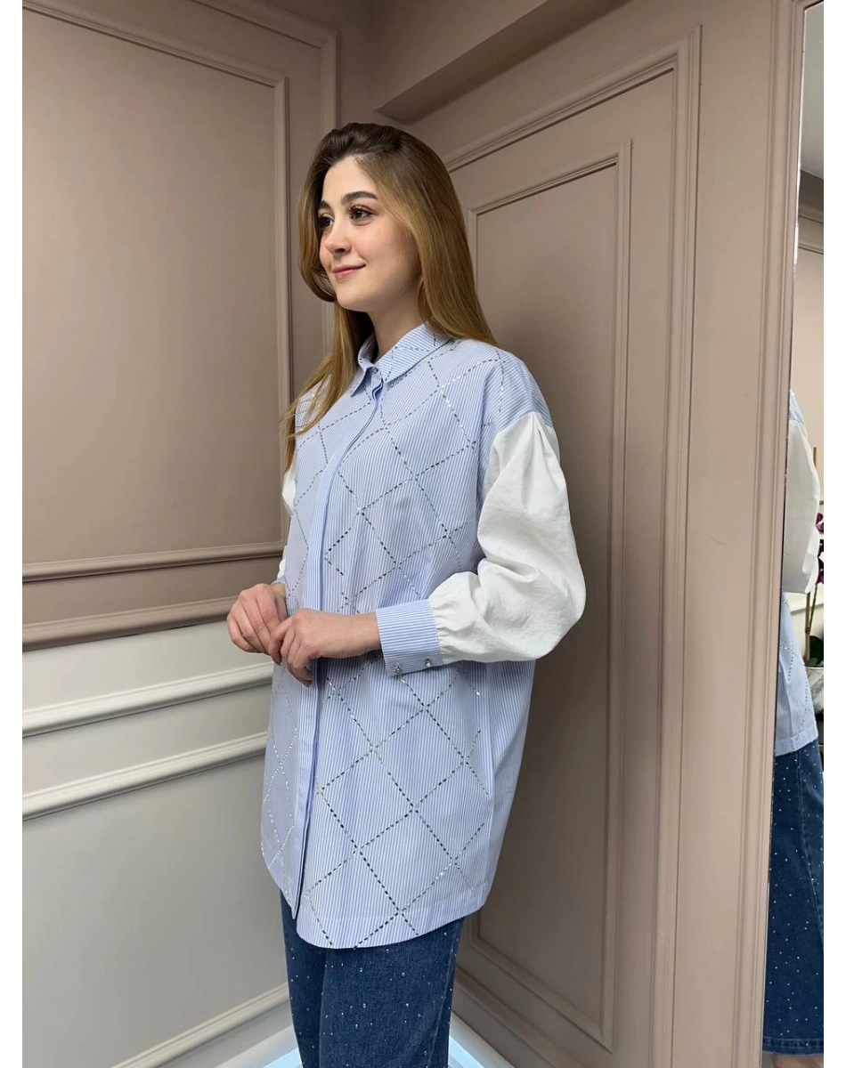 Ghisa 25YGSTNK4617 Mavi Taş Detaylı Çizgili Tunik