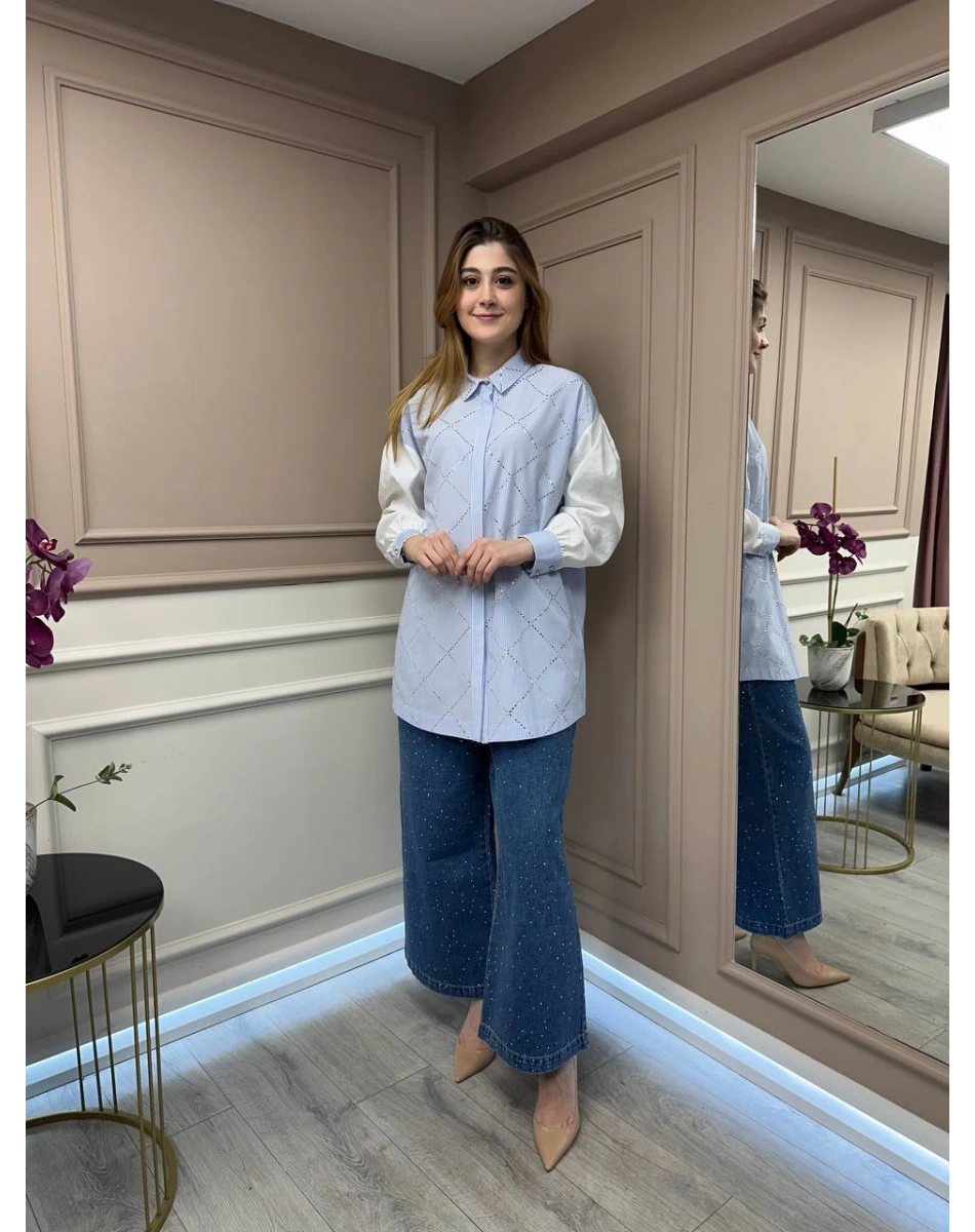 Ghisa 25YGSTNK4617 Mavi Taş Detaylı Çizgili Tunik
