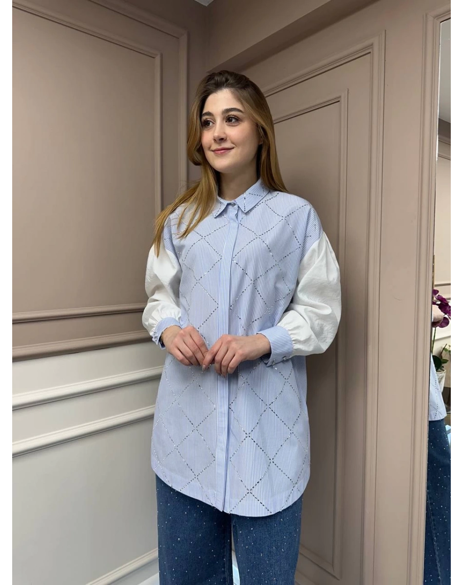 Ghisa 25YGSTNK4617 Mavi Taş Detaylı Çizgili Tunik