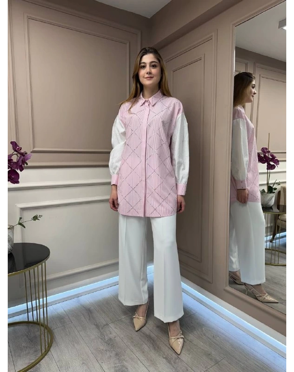 Ghisa 25YGSTNK4617 Pembe Taş Detaylı Çizgili Tunik