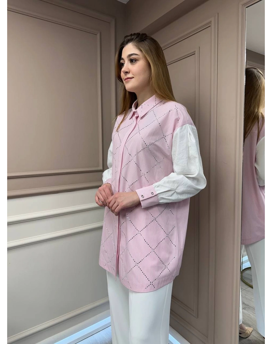 Ghisa 25YGSTNK4617 Pembe Taş Detaylı Çizgili Tunik