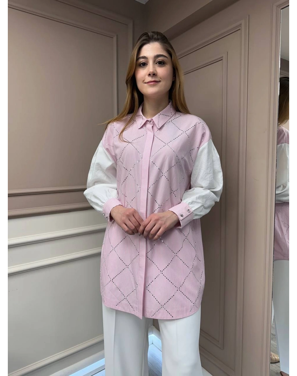 Ghisa 25YGSTNK4617 Pembe Taş Detaylı Çizgili Tunik
