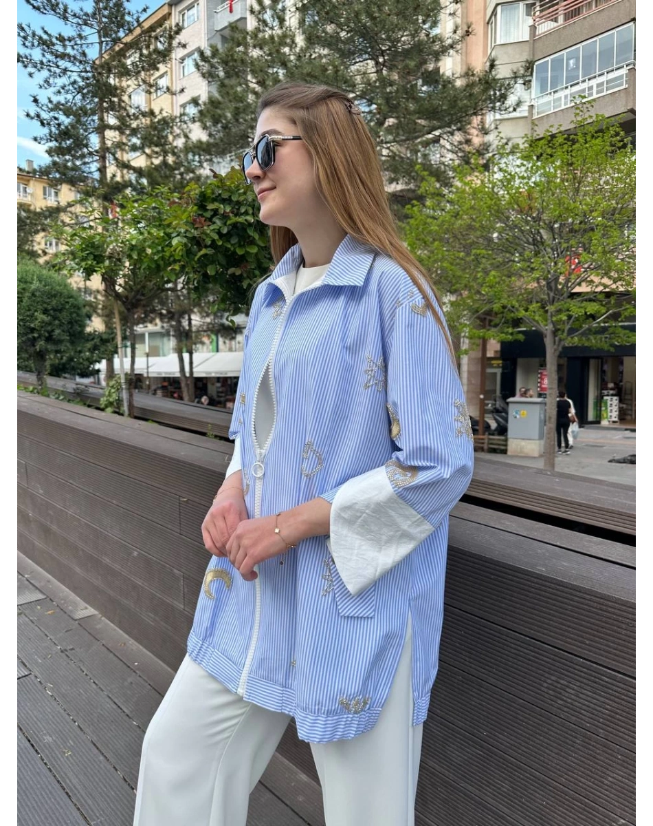 Ghisa 25YGSTNK4854 Mavi Taş Detaylı Fermuarlı Tunik