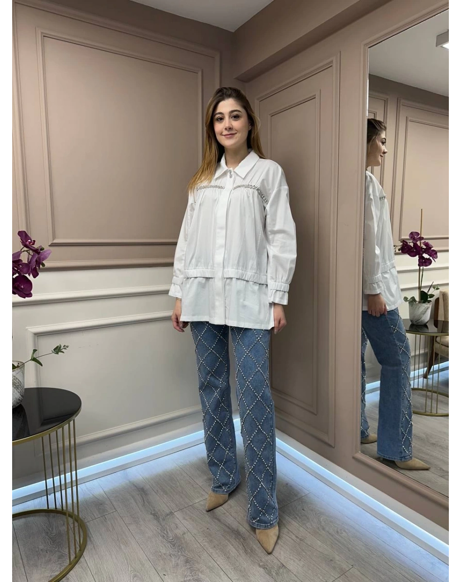 Ghisa 25YGSTNK4864 Beyaz Taşlı Tunik