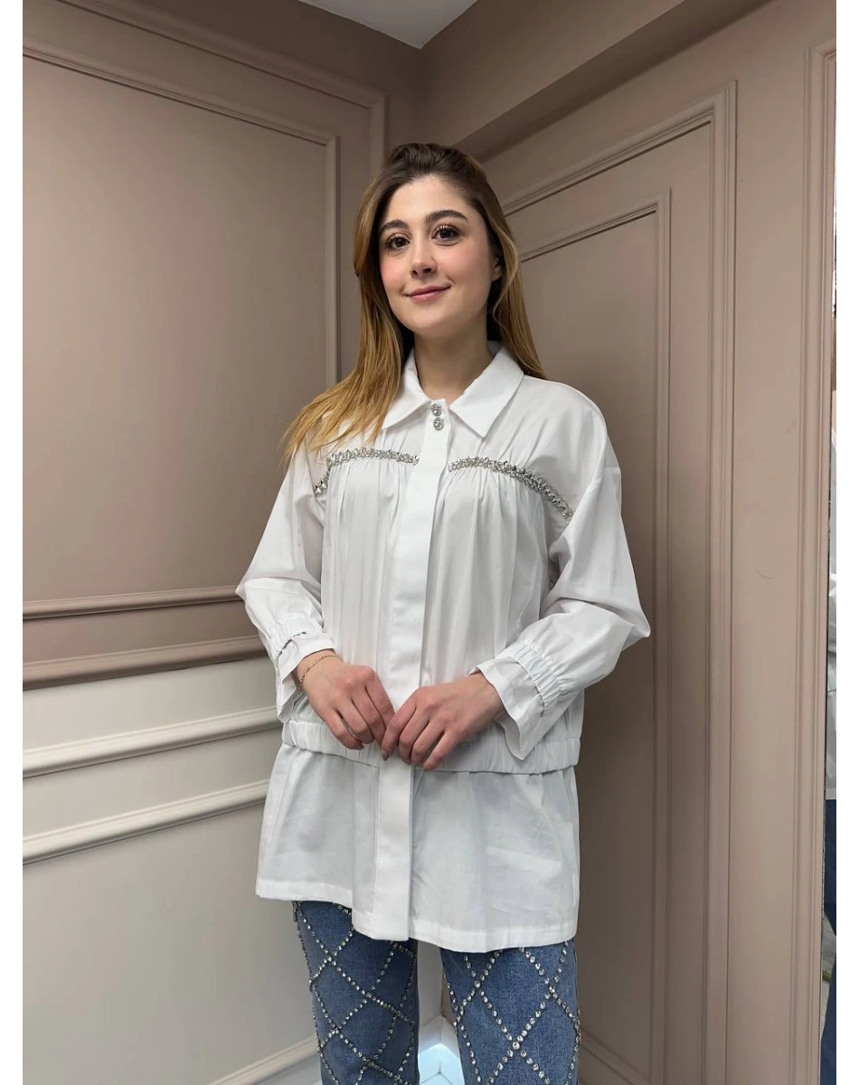 Ghisa 25YGSTNK4864 Beyaz Taşlı Tunik