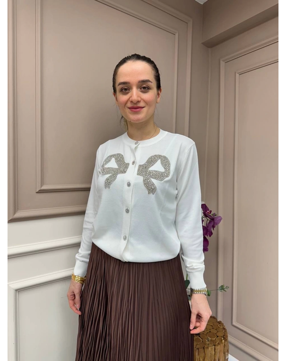 Ghisa 25YOBHRK3143 Ekru Önü Detaylı Hırka