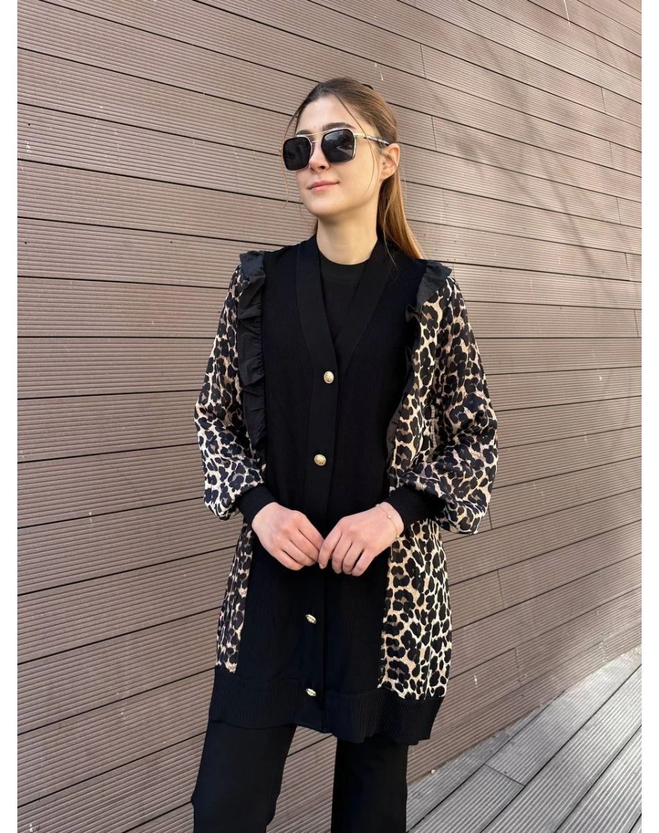 Ghisa 25YÖRHRK3095 Siyah Leopar Desenli Hırka