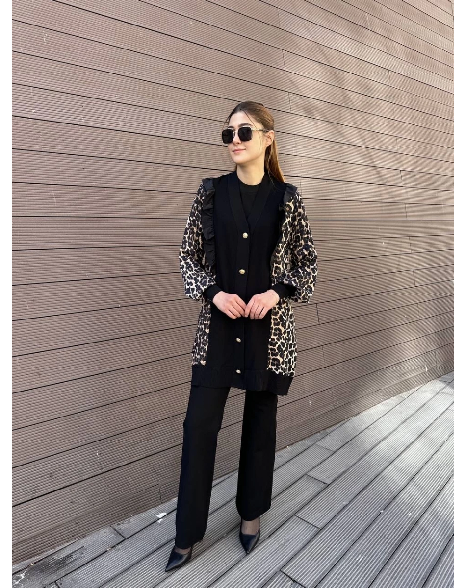 Ghisa 25YÖRHRK3095 Siyah Leopar Desenli Hırka