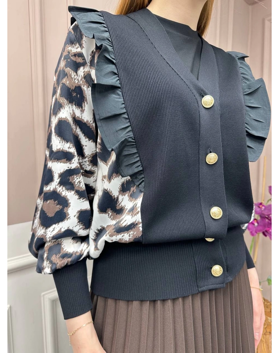 Ghisa 25YÖRHRK3096 Bej Leopar Desenli Kısa Hırka